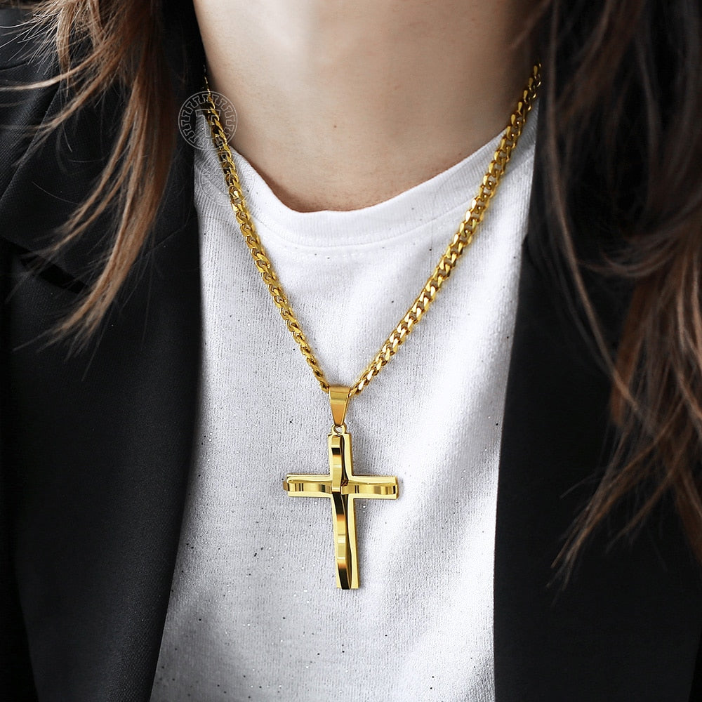 Dropshipping Cross Pendant Necklaces For Men Black Gold Color Silver