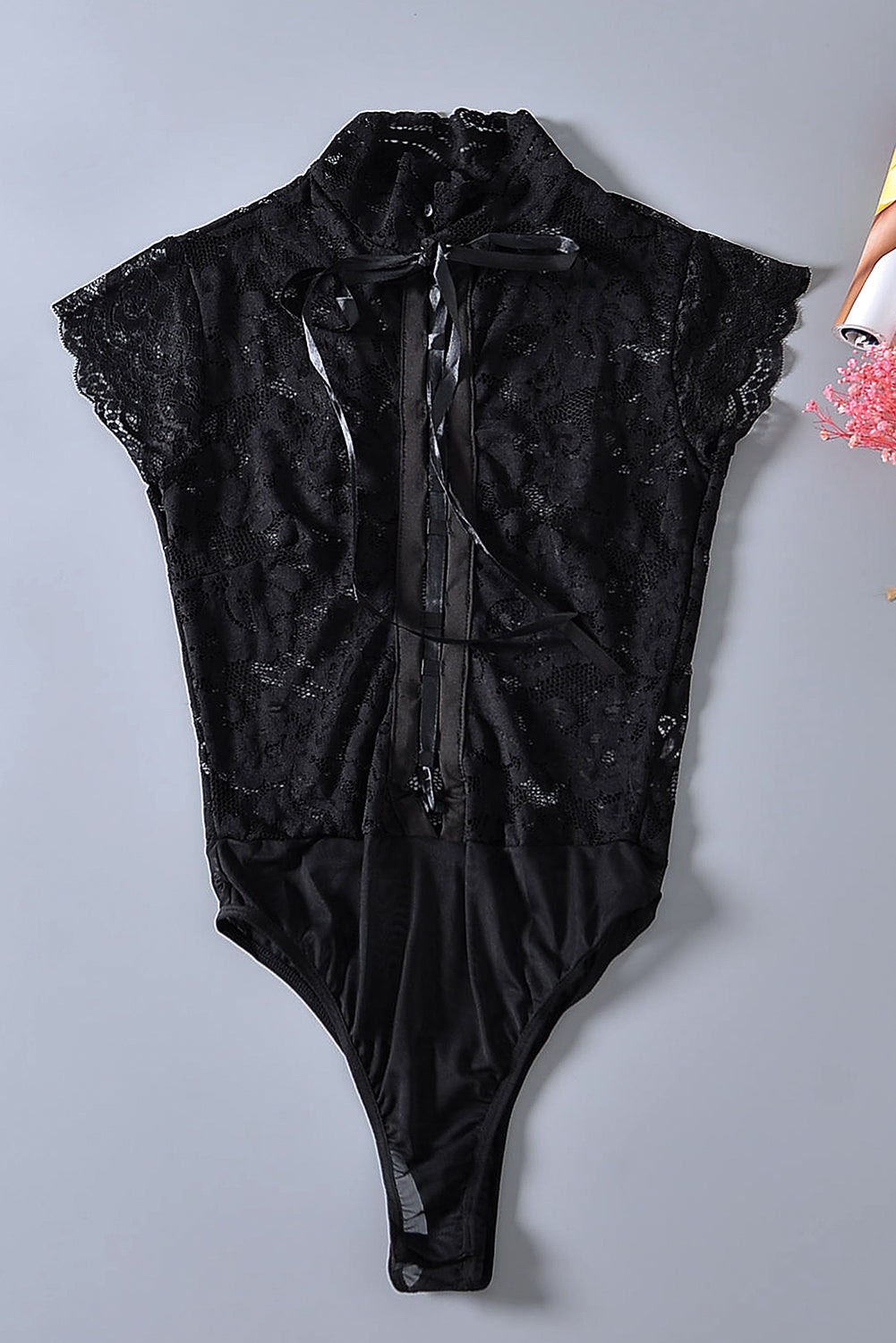 Chic Black Lace Versatile Lace-up Bodysuit