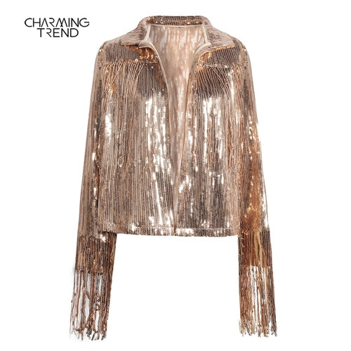 Women Tassel Sequin Jacket 2022 Autumn Winter Streewear Rock BF Retro