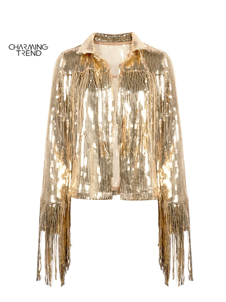 Women Tassel Sequin Jacket 2022 Autumn Winter Streewear Rock BF Retro