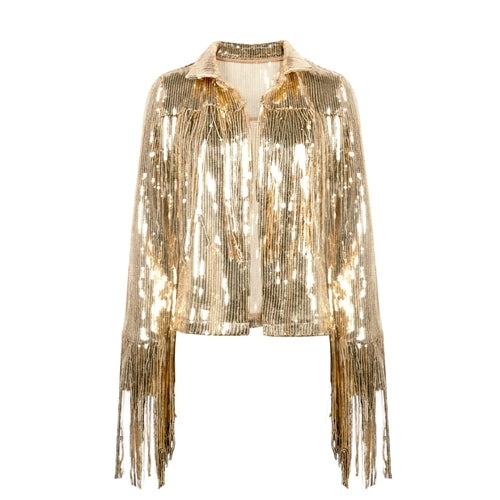 Women Tassel Sequin Jacket 2022 Autumn Winter Streewear Rock BF Retro