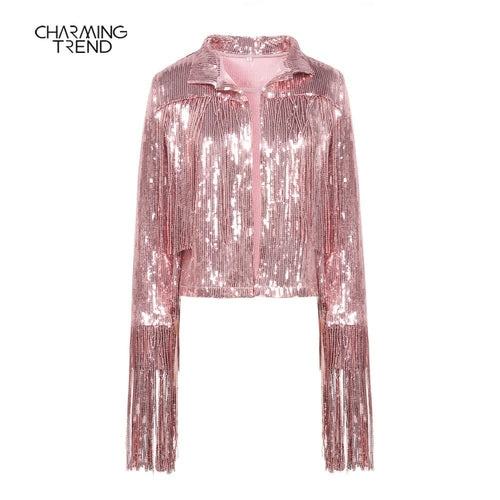 Women Tassel Sequin Jacket 2022 Autumn Winter Streewear Rock BF Retro