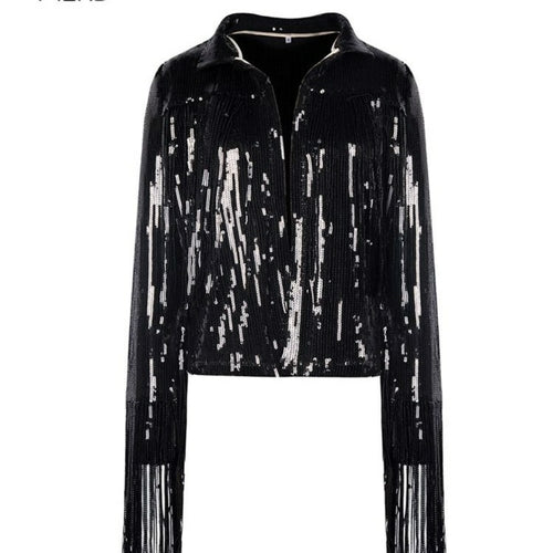 Women Tassel Sequin Jacket 2022 Autumn Winter Streewear Rock BF Retro