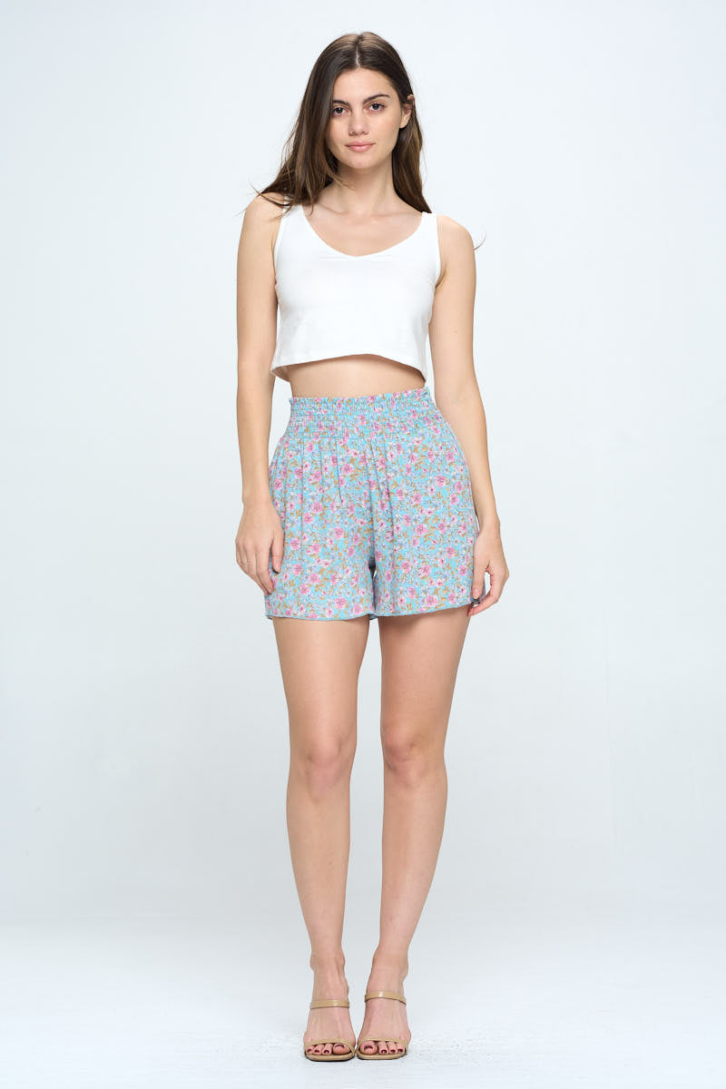 Ditsy floral smock waisted flared shorts