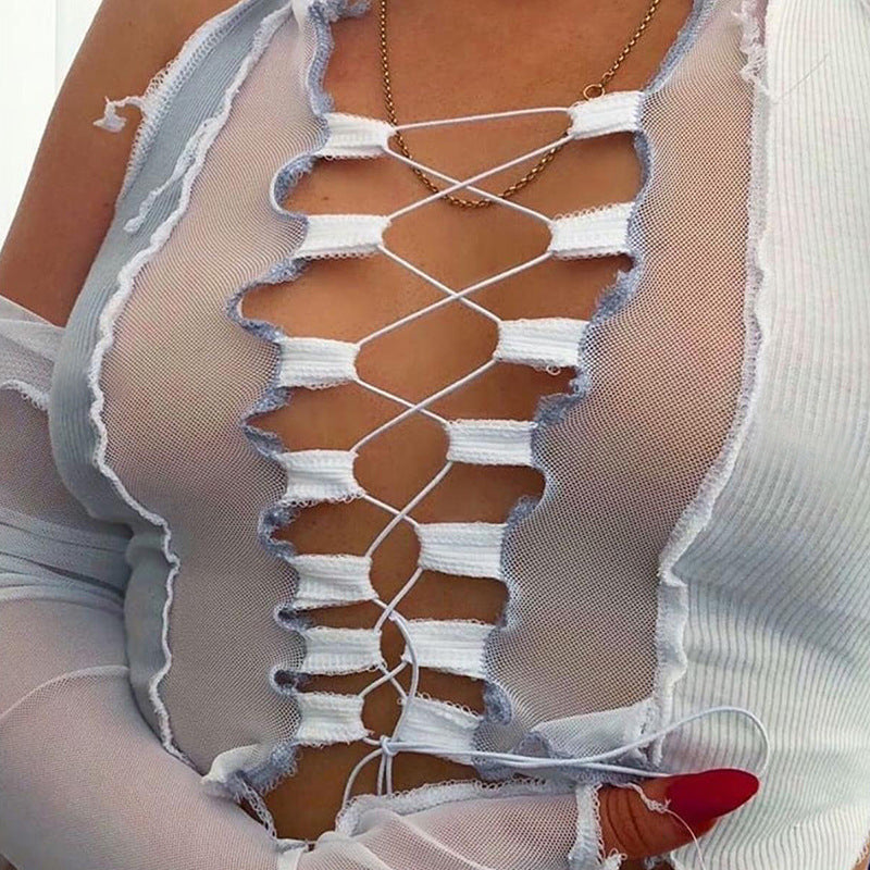 Stitching strap hollow sexy slim T-shirt